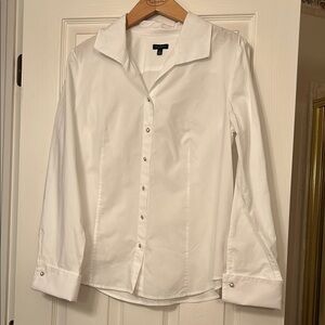 Talbots White Blouse, Rhinestone buttons, Pointed Collar and Tailored Fit